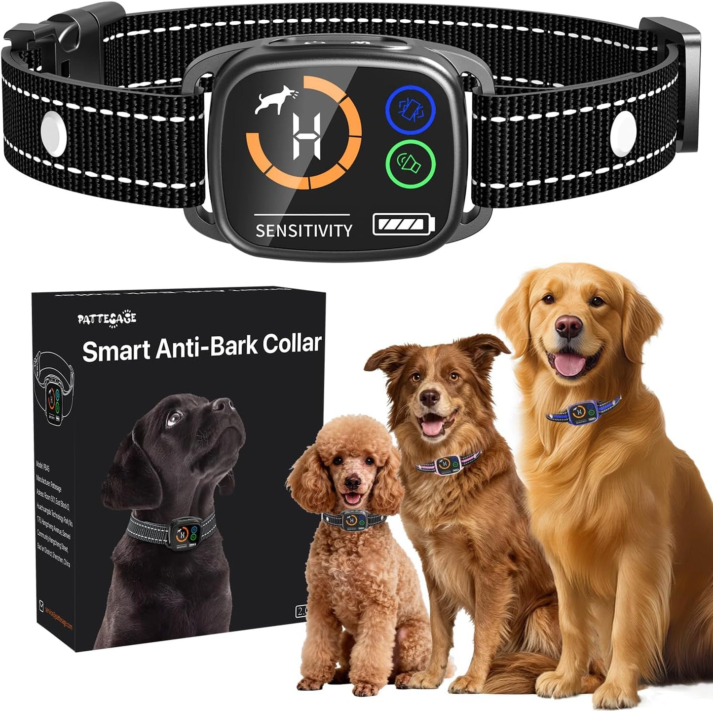 Dinjoo smart anti-bark dog collar front view black