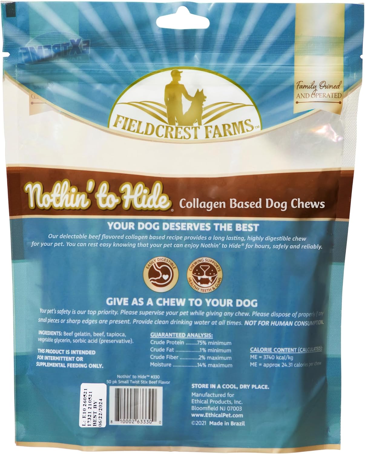 Fieldcrest Farms beef flavored natural collagen sticks close up premium pet snacks