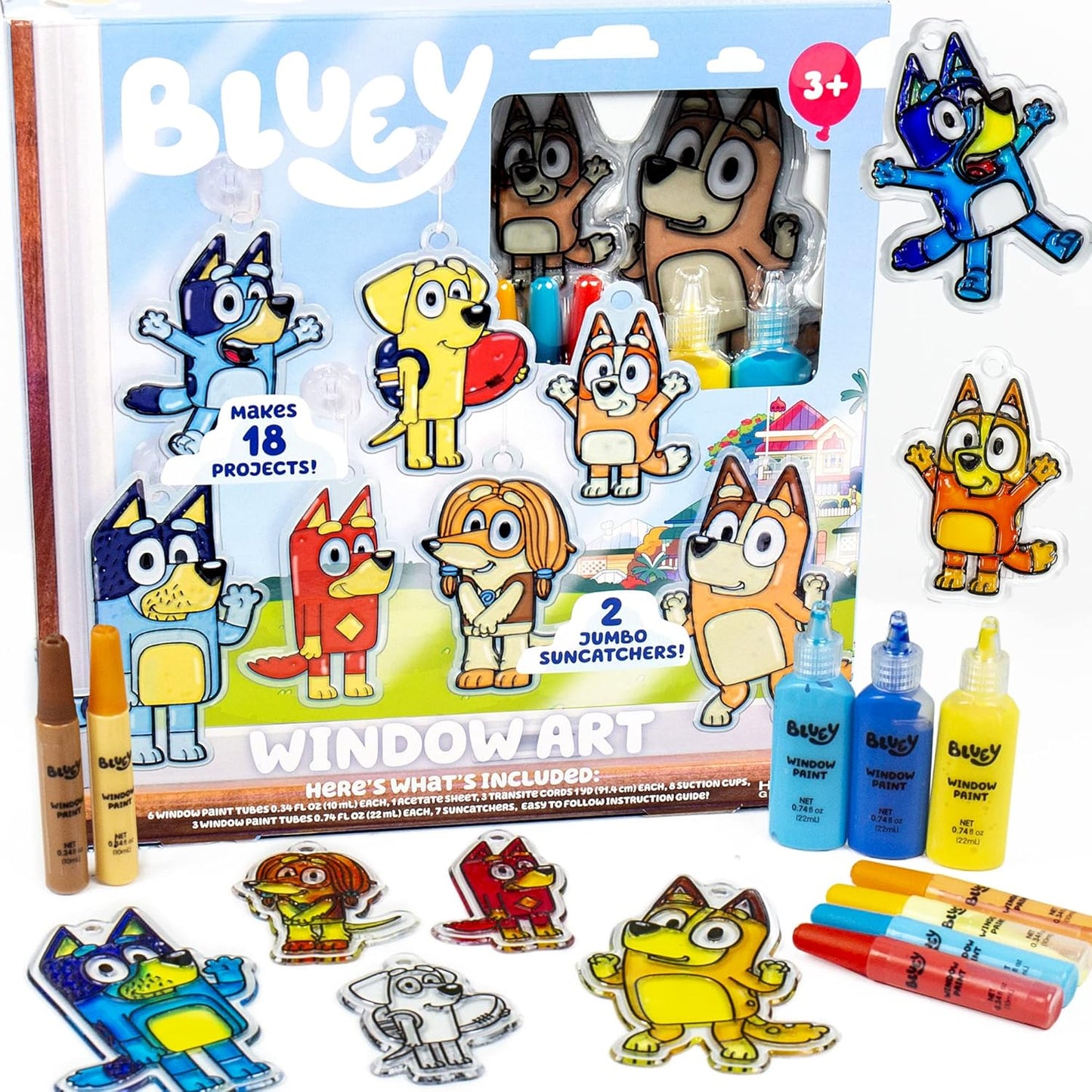 Horizon Group USA Bluey Window Art Suncatchers Kit front packaging view showcasing characters and colorful paint tubes.