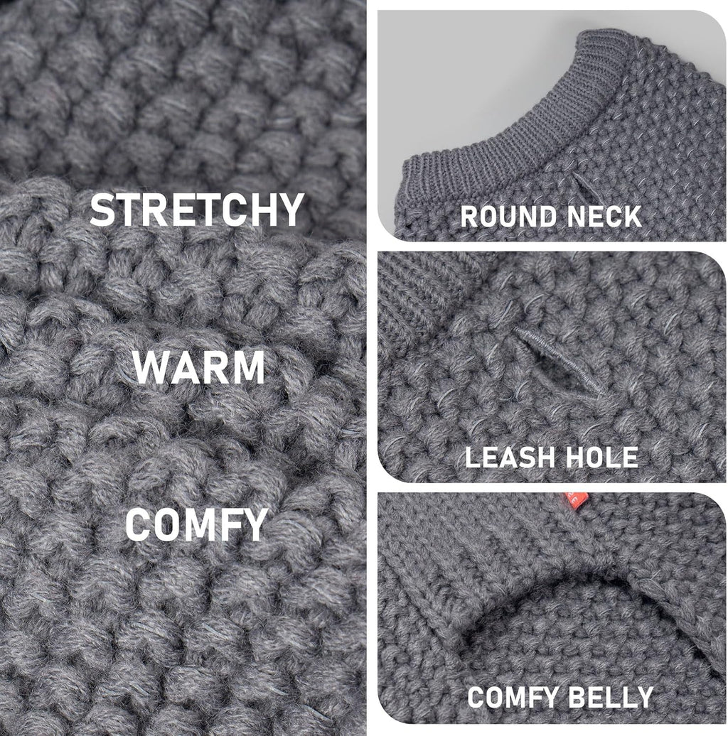 Close up of the leash hole feature on the grey pullover dog apparel.