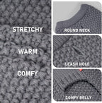 Close up of the leash hole feature on the grey pullover dog apparel.