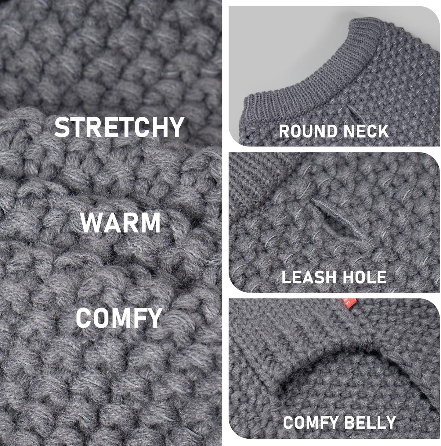Close up of the leash hole feature on the grey pullover dog apparel.