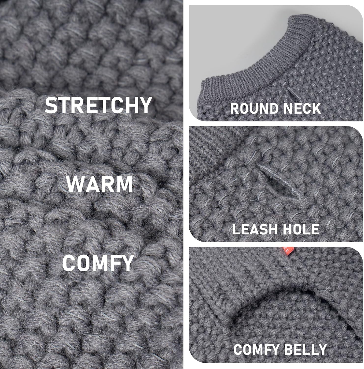 Close up of the leash hole feature on the grey pullover dog apparel.