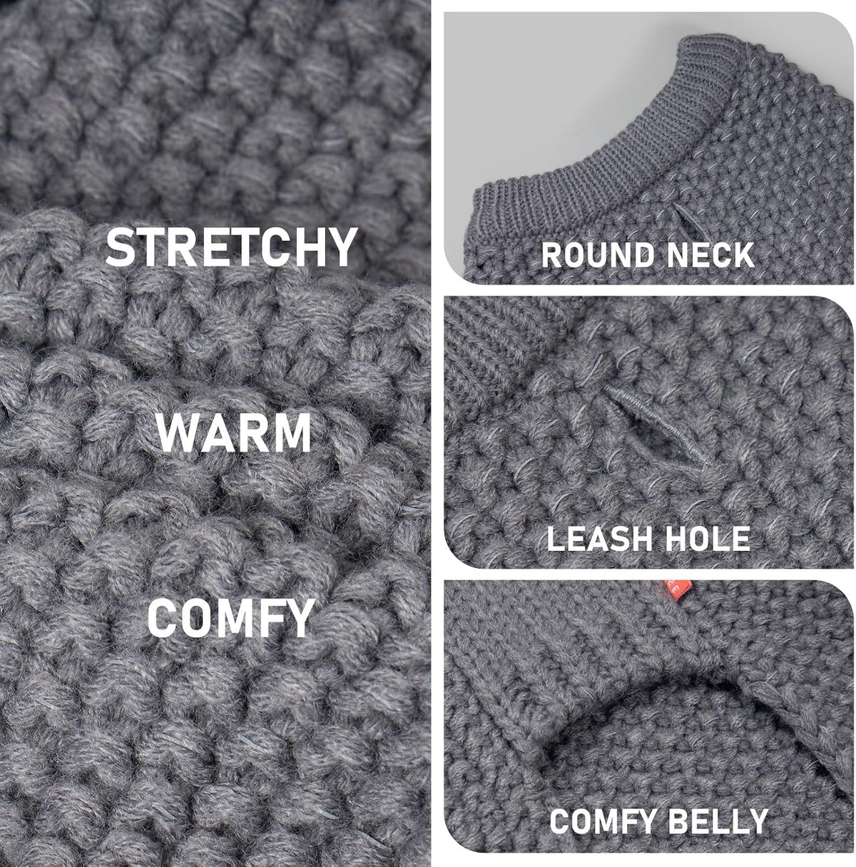Close up of the leash hole feature on the grey pullover dog apparel.