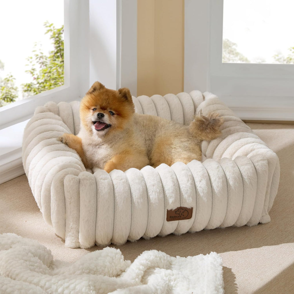 Bedsure ComfyFleece(TM) Cute Dog Bed for Small Medium Dogs - Washable Furry Puppy Beds, Rectangle Orthopedic Corduroy Fleece Pet Beds with Removable Zipper Cover, 25x21x7inches, Cream - Image 1