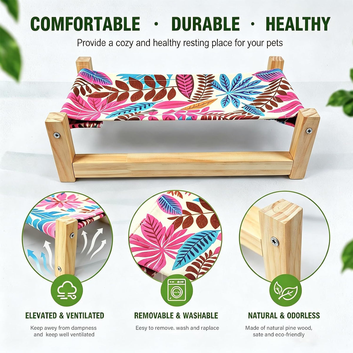 Large wooden reptile hammock with tropical leaf pattern fabric