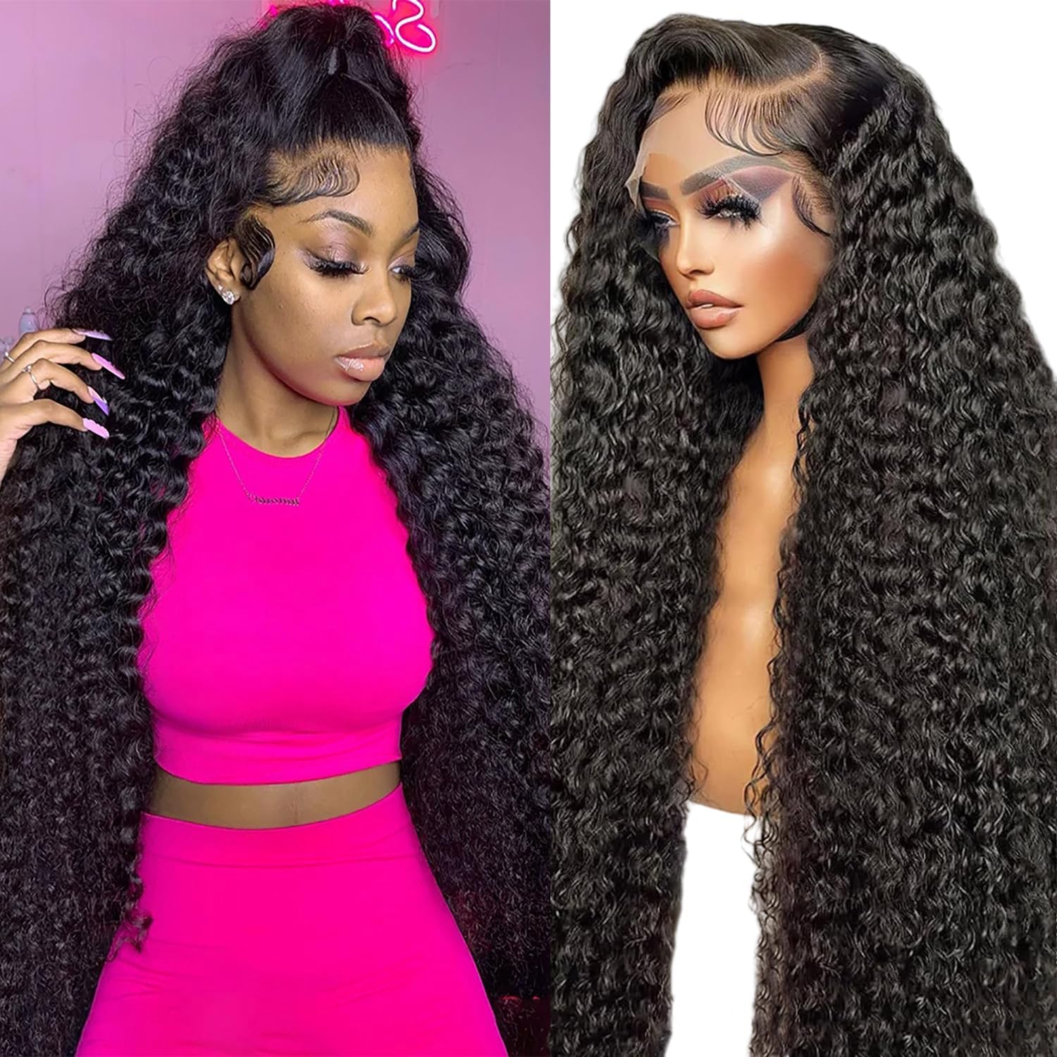Zekan JTMMP deep wave lace front wig front view showcasing voluminous black curls