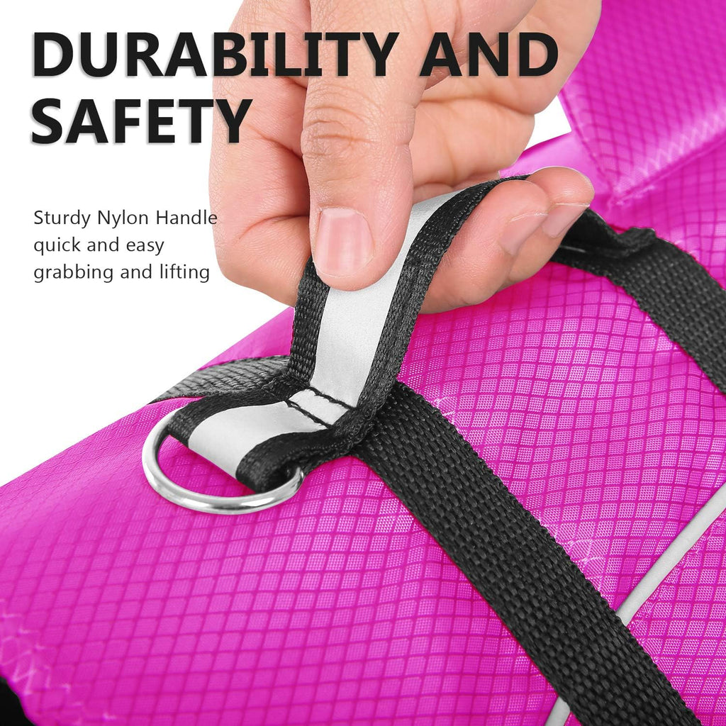 Extra small rose red pet flotation device showcasing the secure quick release belly buckles and mesh lining.