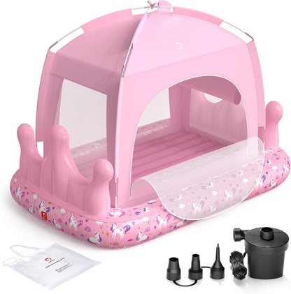 QPAU Princess Inflatable Toddler Bed front view showing pink castle tent and air mattress
