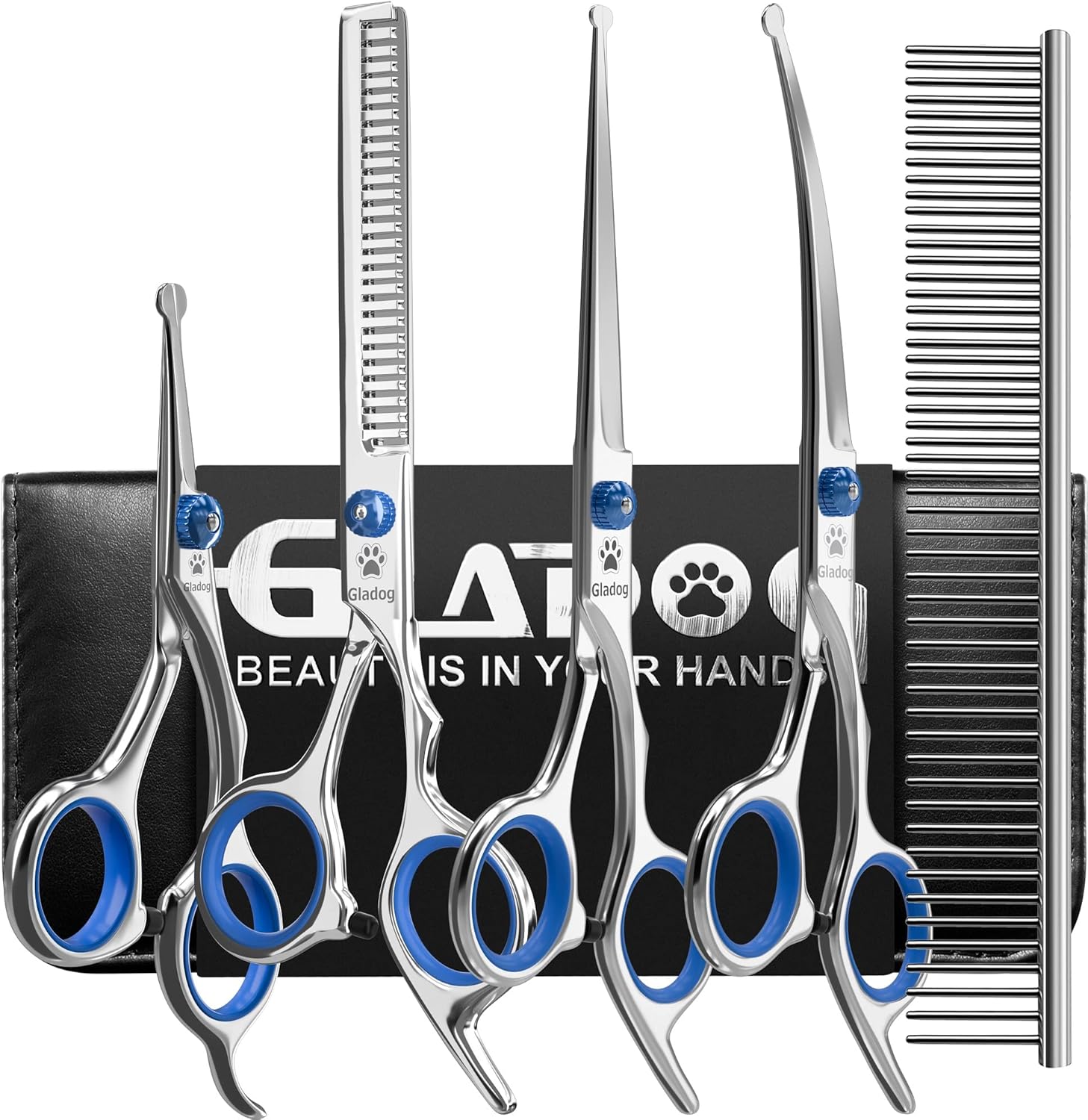GLADOG professional dog grooming scissors kit front view showcasing stainless steel shears and comb