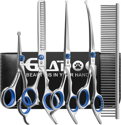 GLADOG professional dog grooming scissors kit front view showcasing stainless steel shears and comb