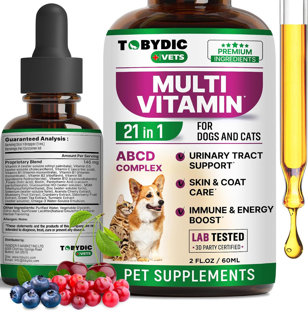 Beloved Pets Tobydic cat and dog multivitamin 21 in 1 liquid bottle front view