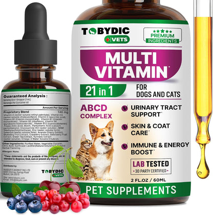 Beloved Pets Tobydic cat and dog multivitamin 21 in 1 liquid bottle front view