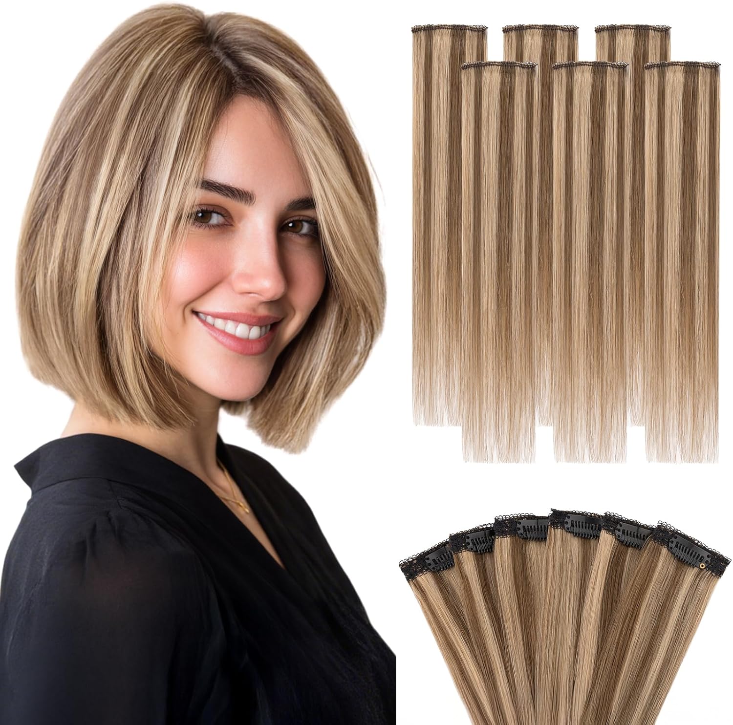 Hairro 6 Pieces Short Hair Extensions front view showing medium brown and dark blonde highlights