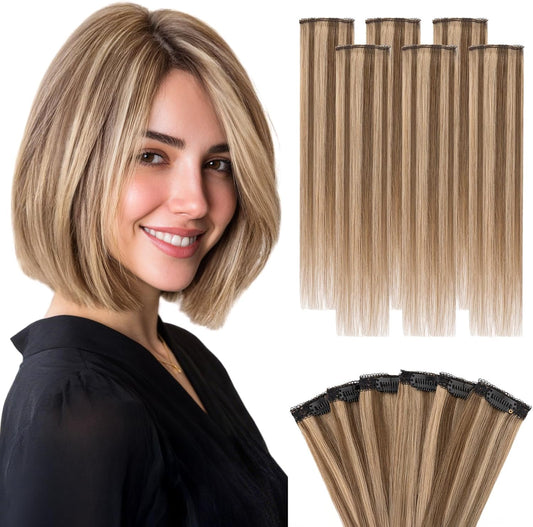 Hairro 6 Pieces Short Hair Extensions front view showing medium brown and dark blonde highlights