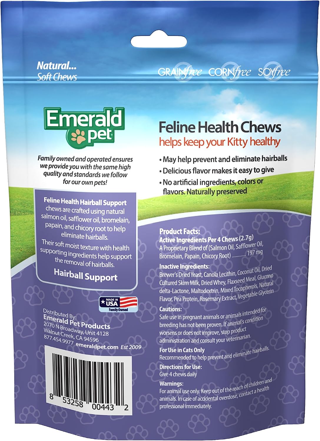 Emerald Pet grain free hairball support bag side angle