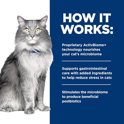 USA imported Hill's Prescription Diet cat food bag highlighting high fiber and prebiotic ingredients.