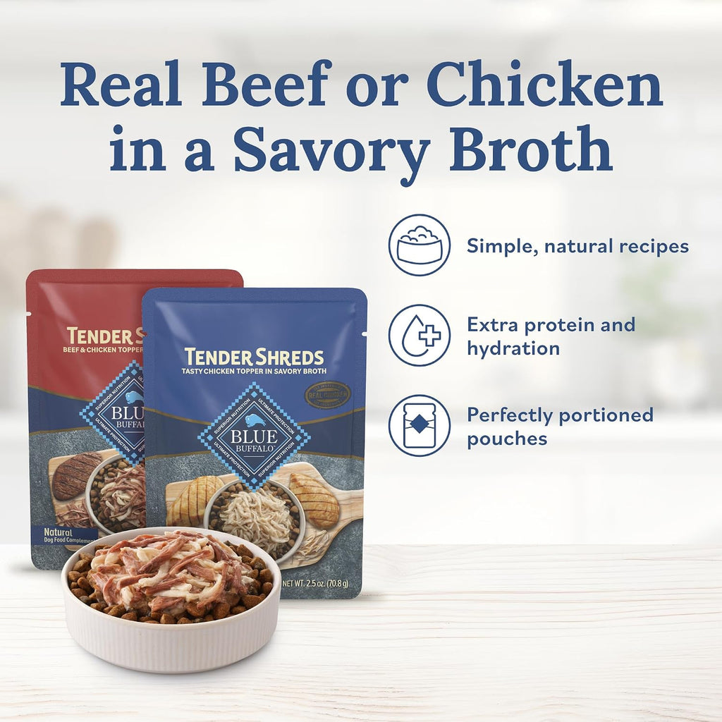 Blue Buffalo dog food topper pouch showing real meat texture