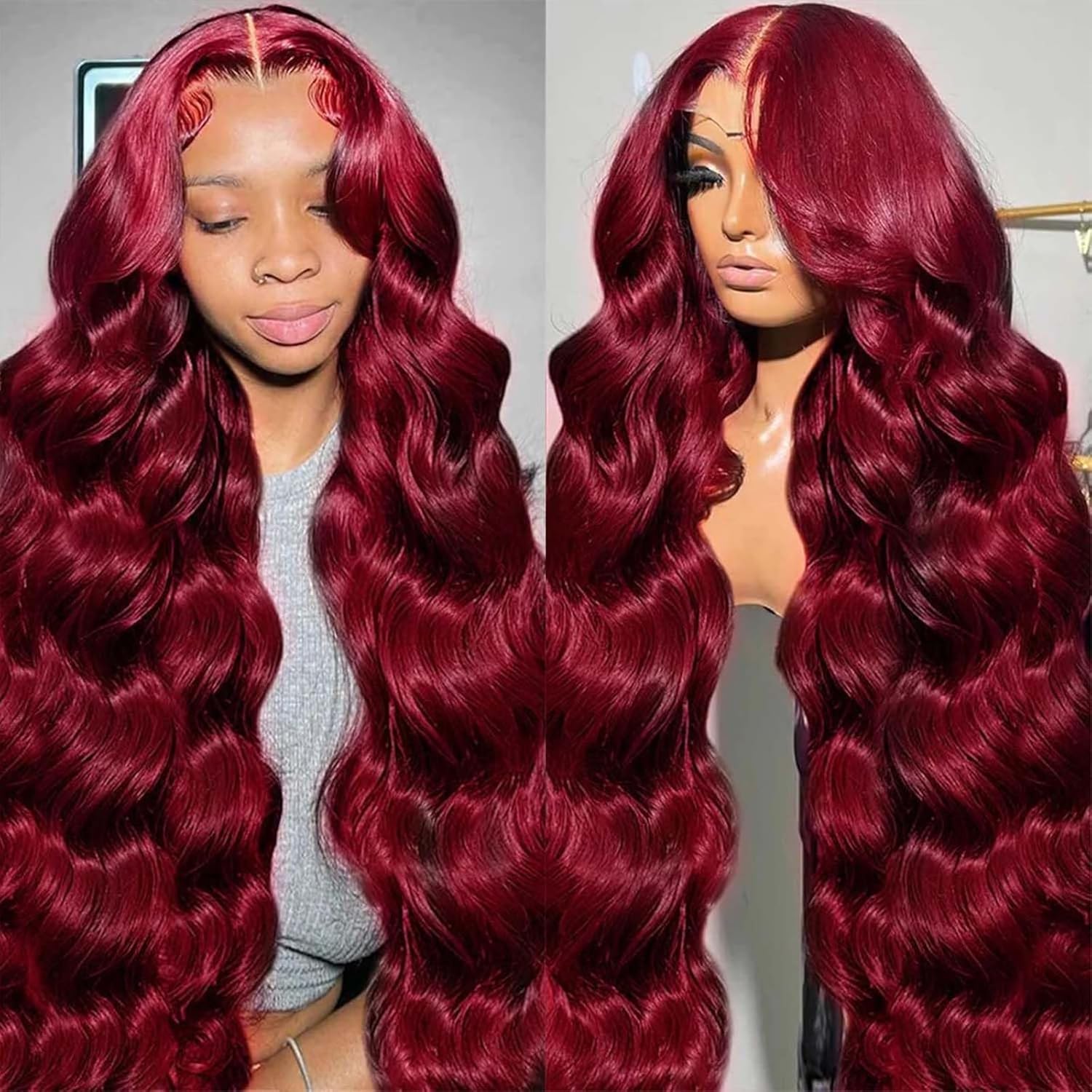 QZOQZO 28 inch 99J burgundy lace front human hair wig front view showcasing vibrant red wine body waves