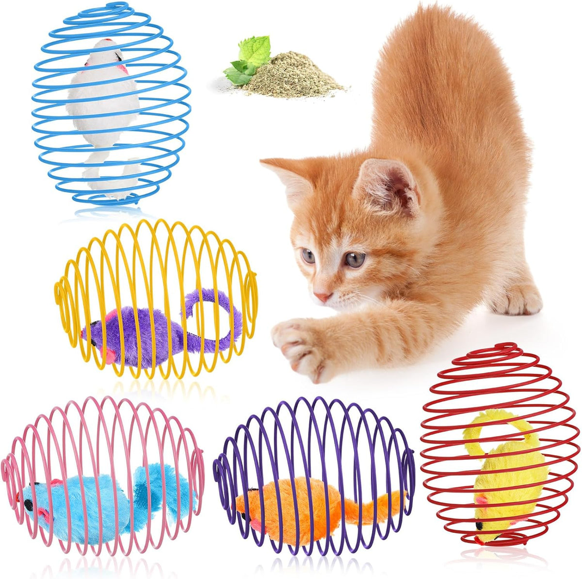 Jecery 25 Pcs Cat Spring Balls Toys Stretchable Rolling Balls Colorful Playful Coils Interactive Action Toy Caged Rats for Kitten Pet Supplies (Mouse and Bell,Colorful) - Image 9