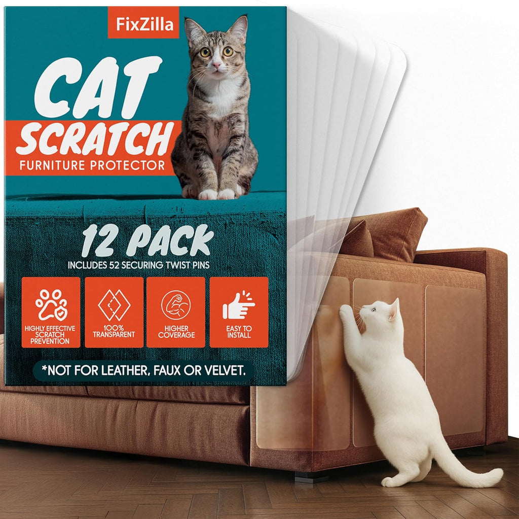 FixZilla Anti Cat Scratch Furniture Protector 12-Pack front view showing shield and pins.