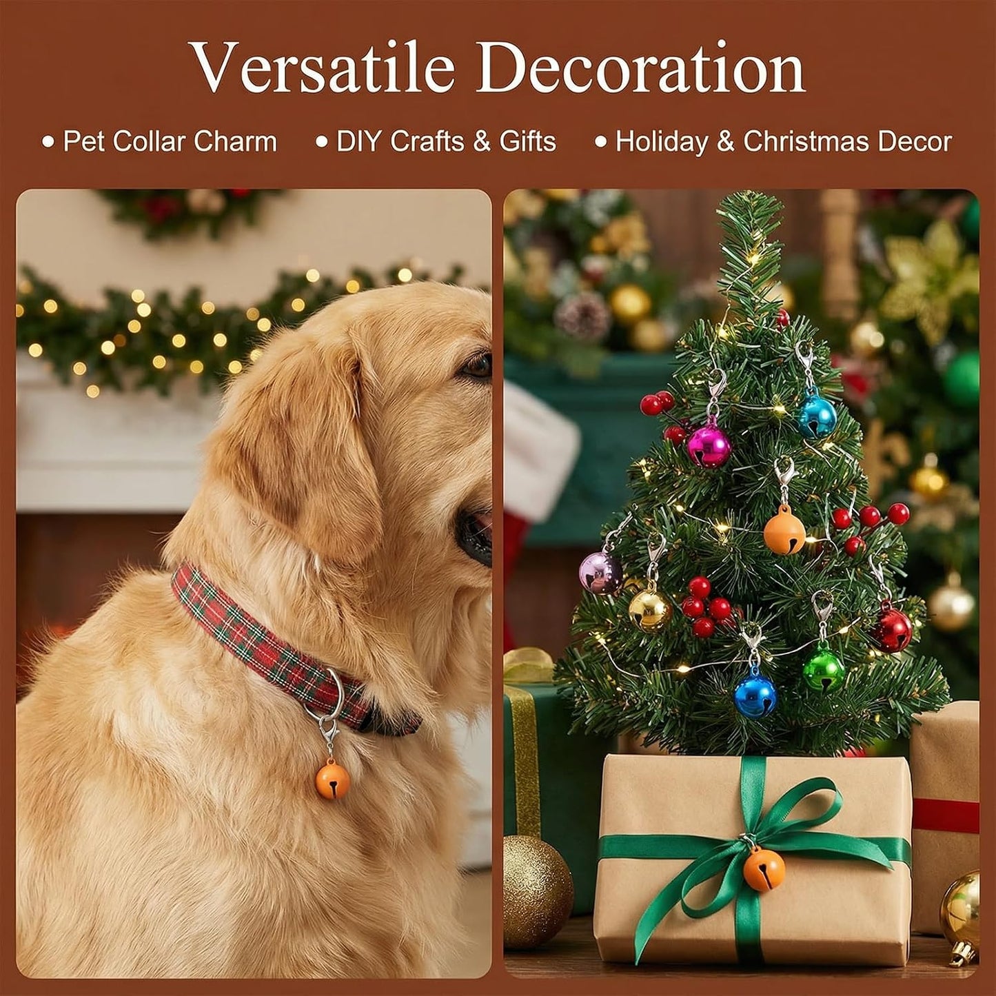 Polished festive pet collar tracking bells laid out neatly to showcase the bright color variety.