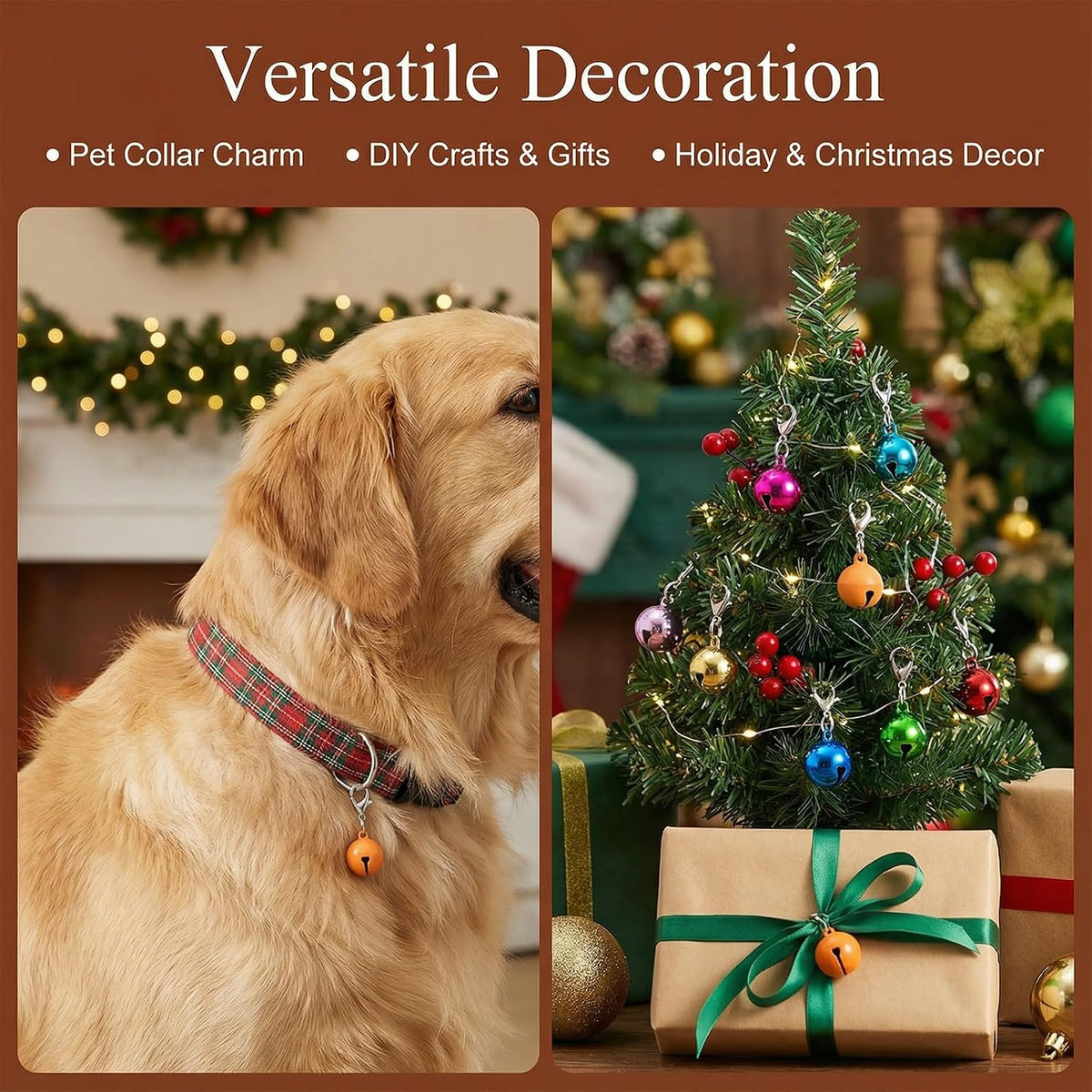 Polished festive pet collar tracking bells laid out neatly to showcase the bright color variety.