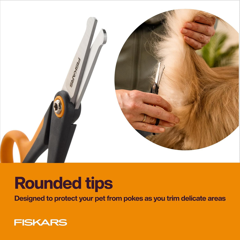 Stainless steel pet grooming scissors demonstrating five point grip design