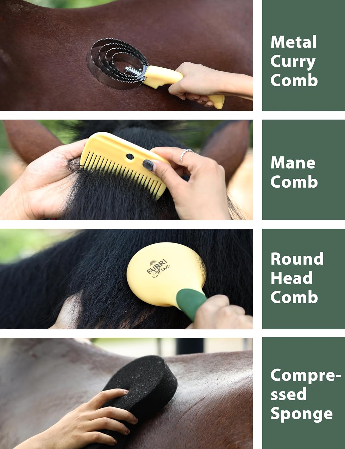 Furrishine equine hoof pick with brush tool displaying the rust resistant metal hook and sturdy cleaning bristles.