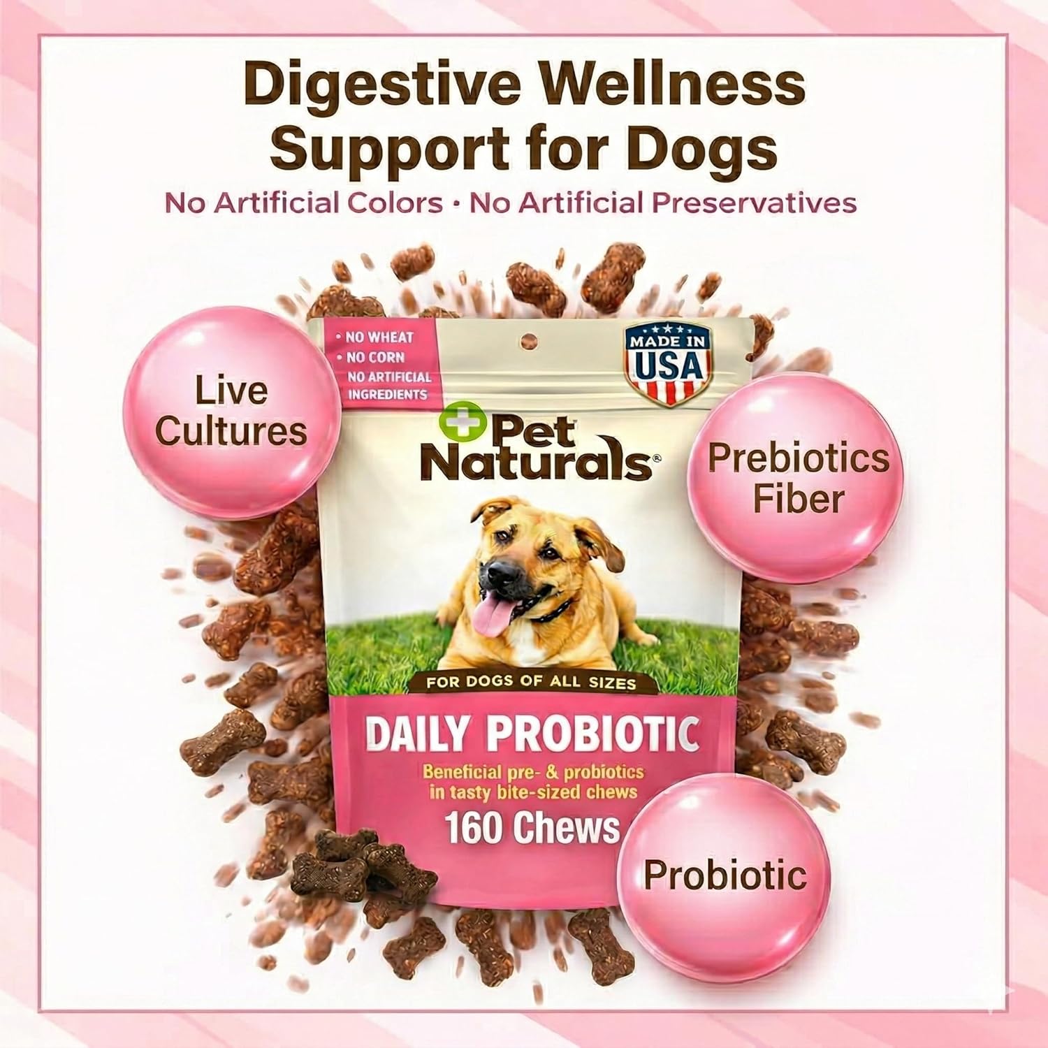 Pet Naturals dog probiotic 160 count duck flavor digestive supplement close up