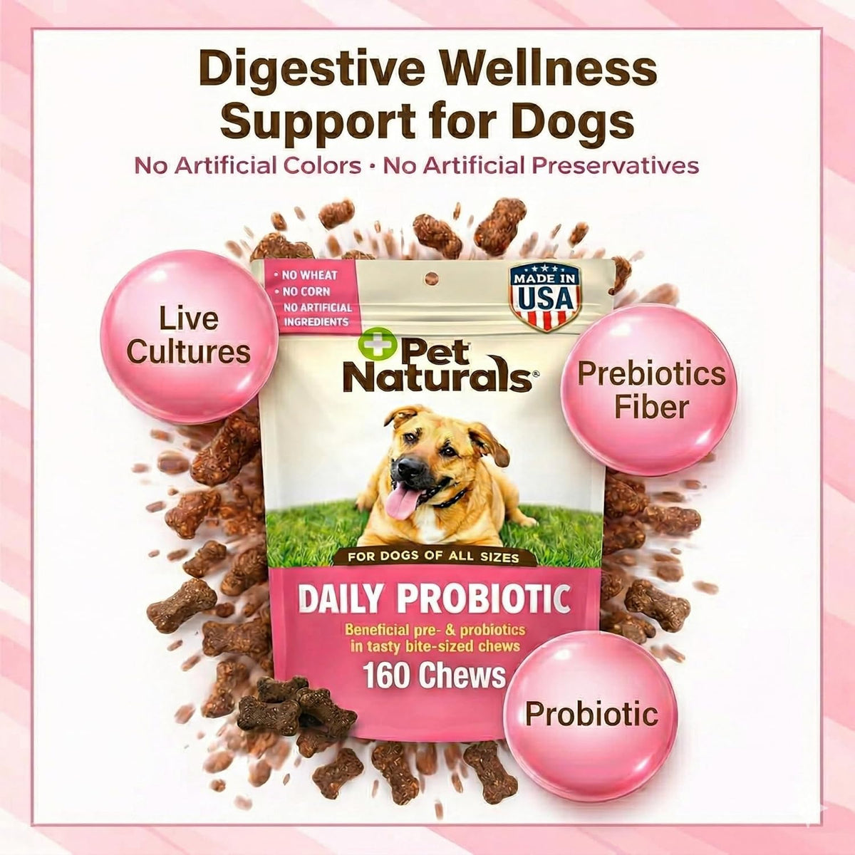 Pet Naturals dog probiotic 160 count duck flavor digestive supplement close up