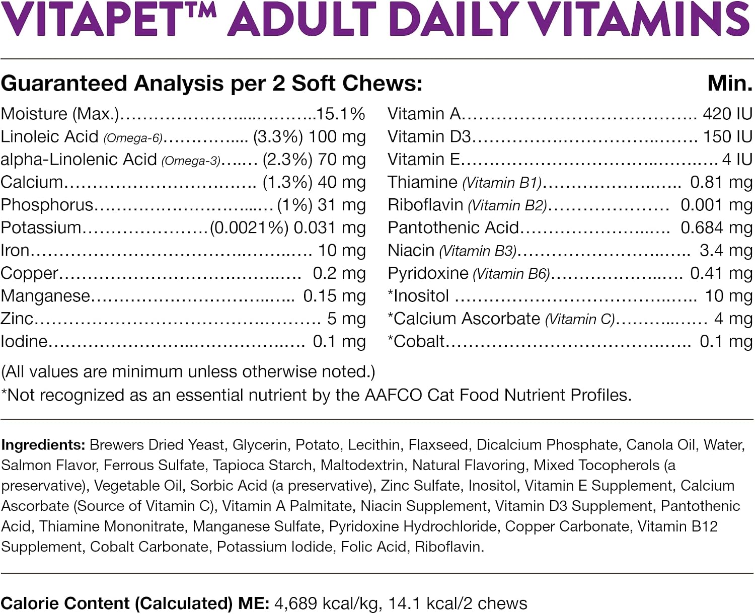 NaturVet VitaPet Senior Daily Vitamins for Cats branding and dosage details