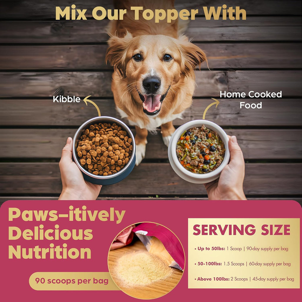 Brothhh dog food supplement powder inside the packaging with a bamboo scooper