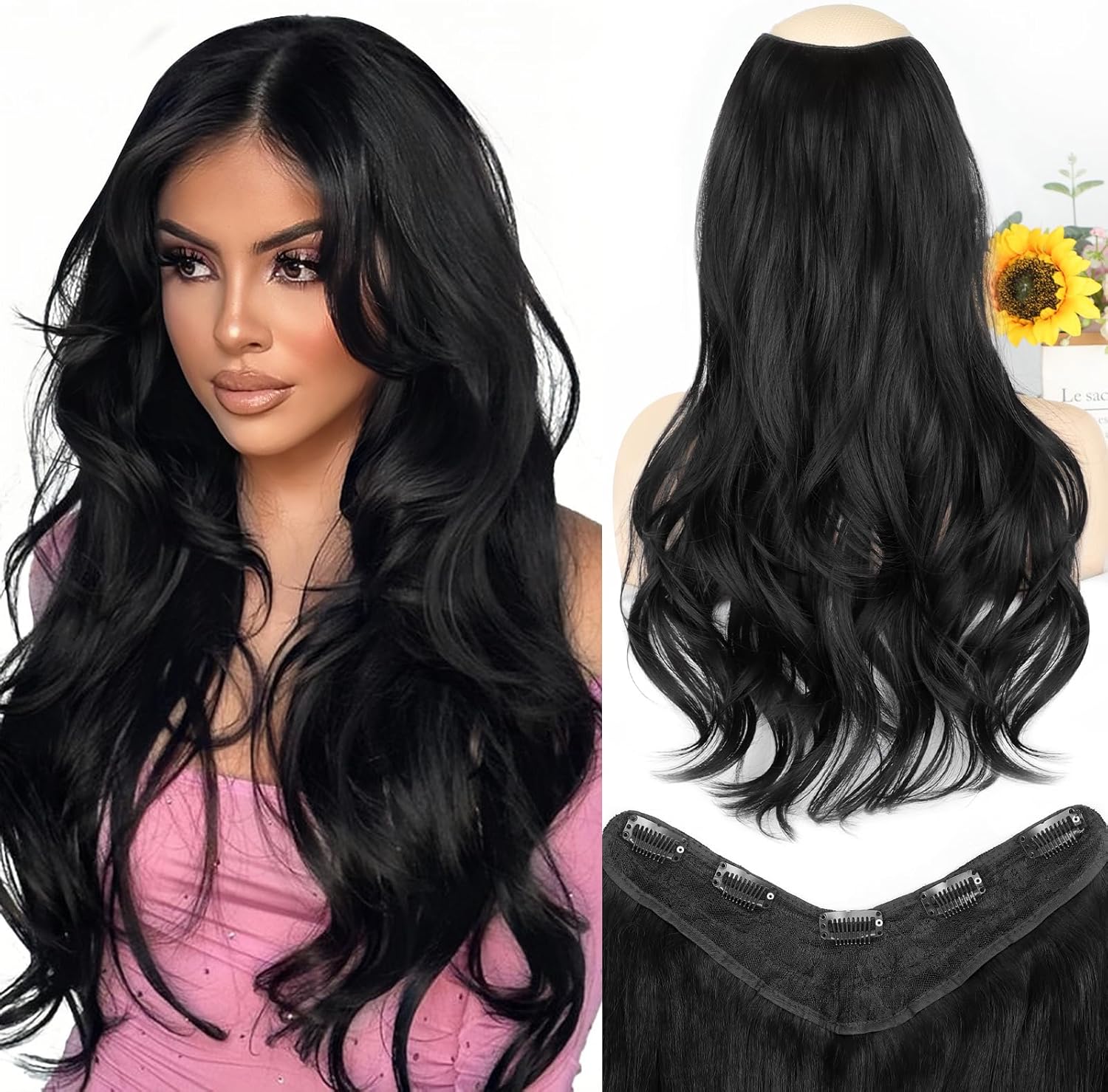 Vieuinaux ALXNAN synthetic hair extensions front view showing 20 inch natural black long wavy strands