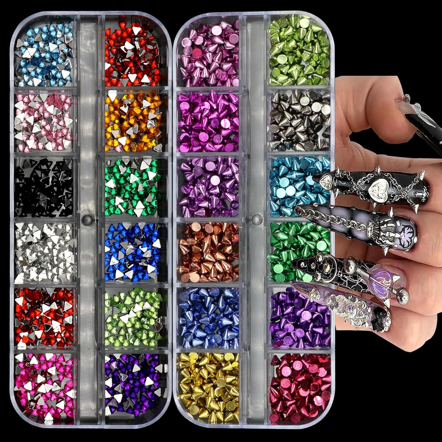 YAEISM punk nail charms front view showcasing two twelve grid boxes filled with metallic spike studs.