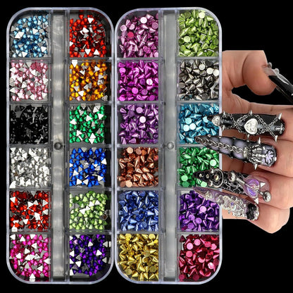 YAEISM punk nail charms front view showcasing two twelve grid boxes filled with metallic spike studs.