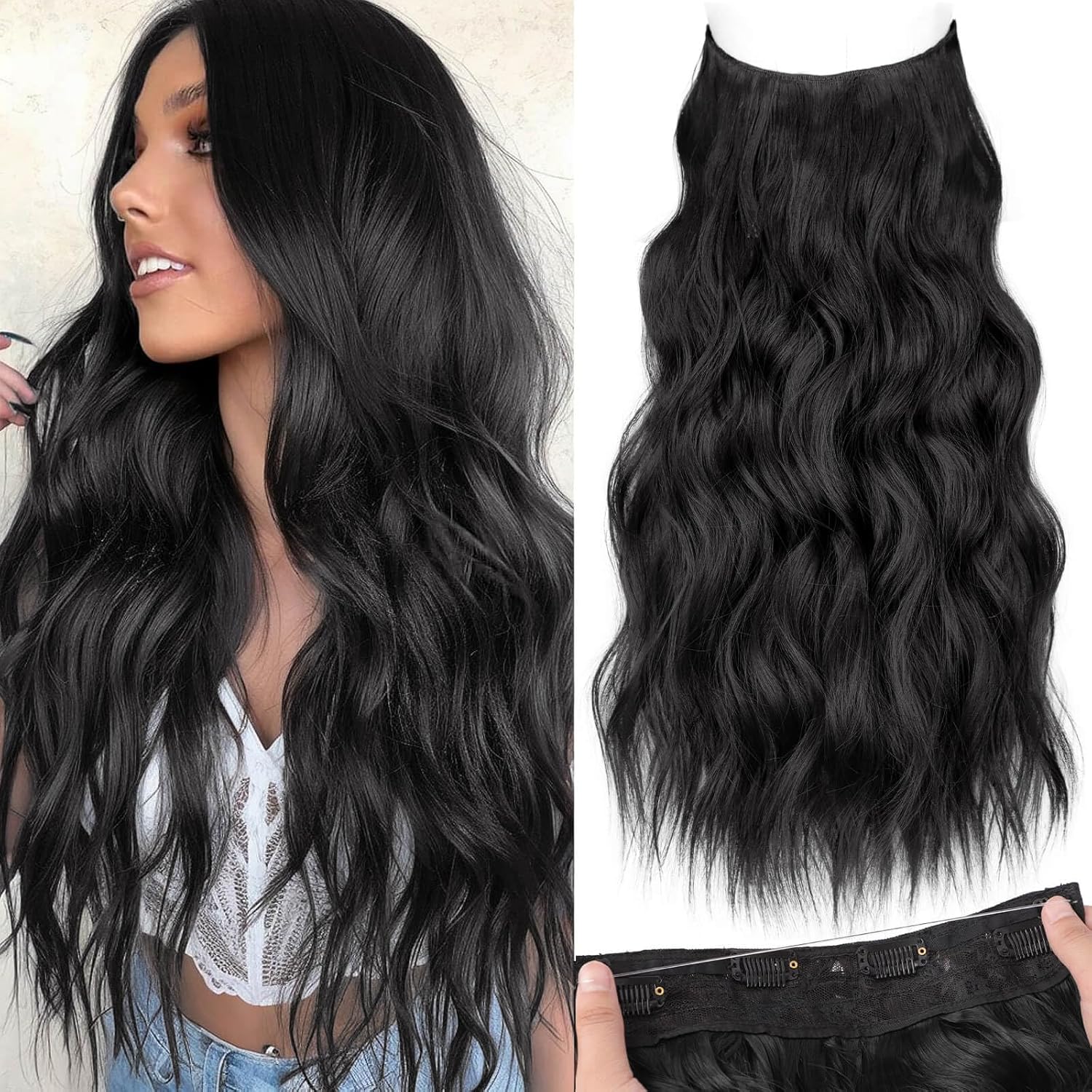 KooKaStyle Invisible Wire Hair Extensions front view showcasing 20 inch long wavy black synthetic hair