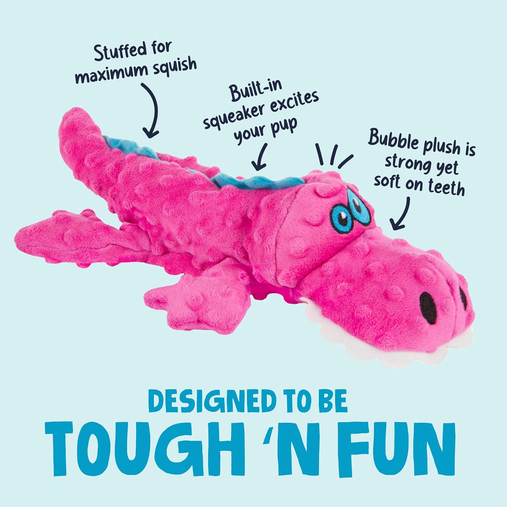 Pink goDog alligator plush toy showing unique bubble textured fabric