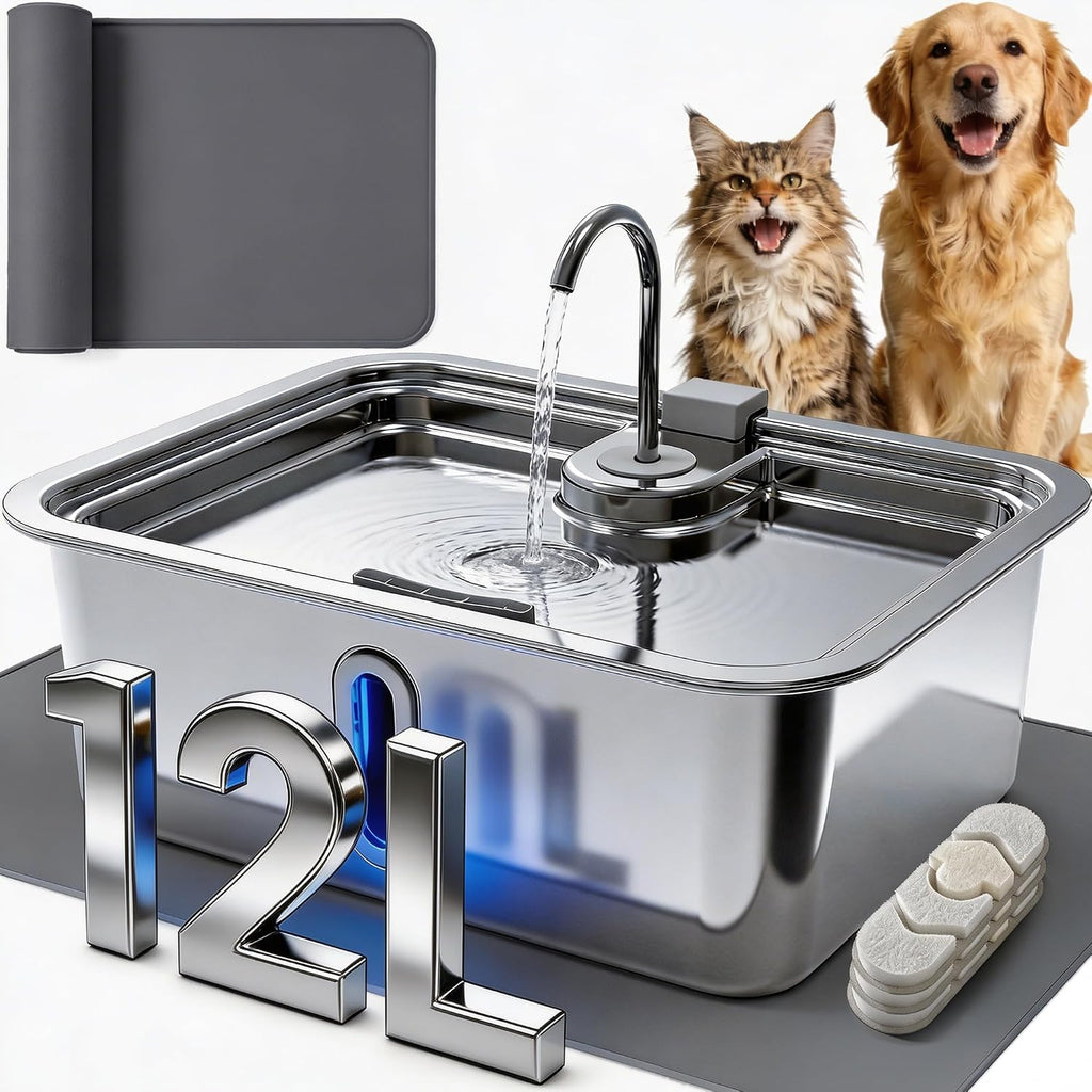 DeftPet 12 Liter stainless steel pet water fountain front view