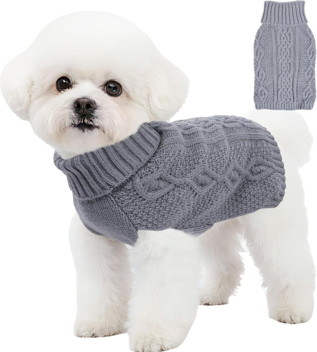 Size chart visual for the small dog cozy knitted winter apparel.
