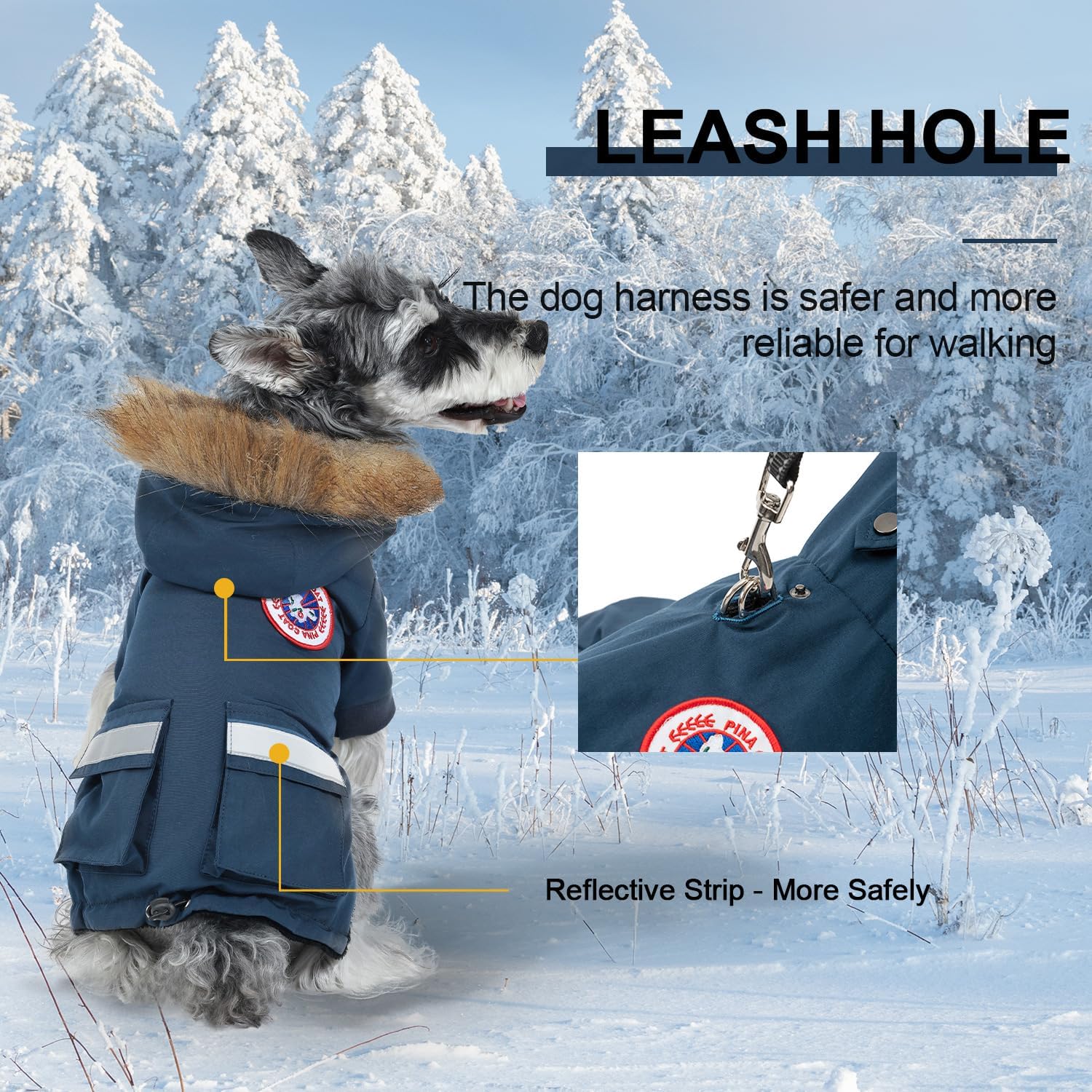 Warm pet outerwear highlighting the protective faux fur hood design
