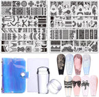 STZPRONAIL Lace Nail Stamping Plate Set front view displaying eight stainless steel templates and clear silicone stampers.