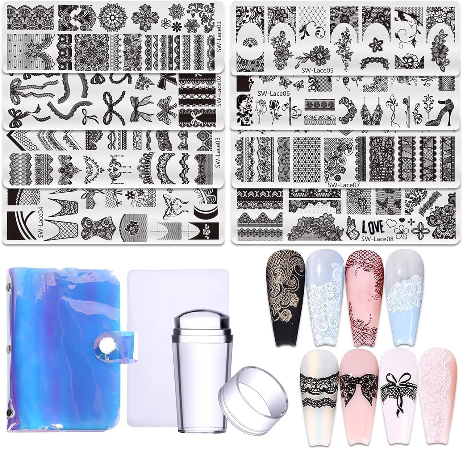 STZPRONAIL Lace Nail Stamping Plate Set front view displaying eight stainless steel templates and clear silicone stampers.