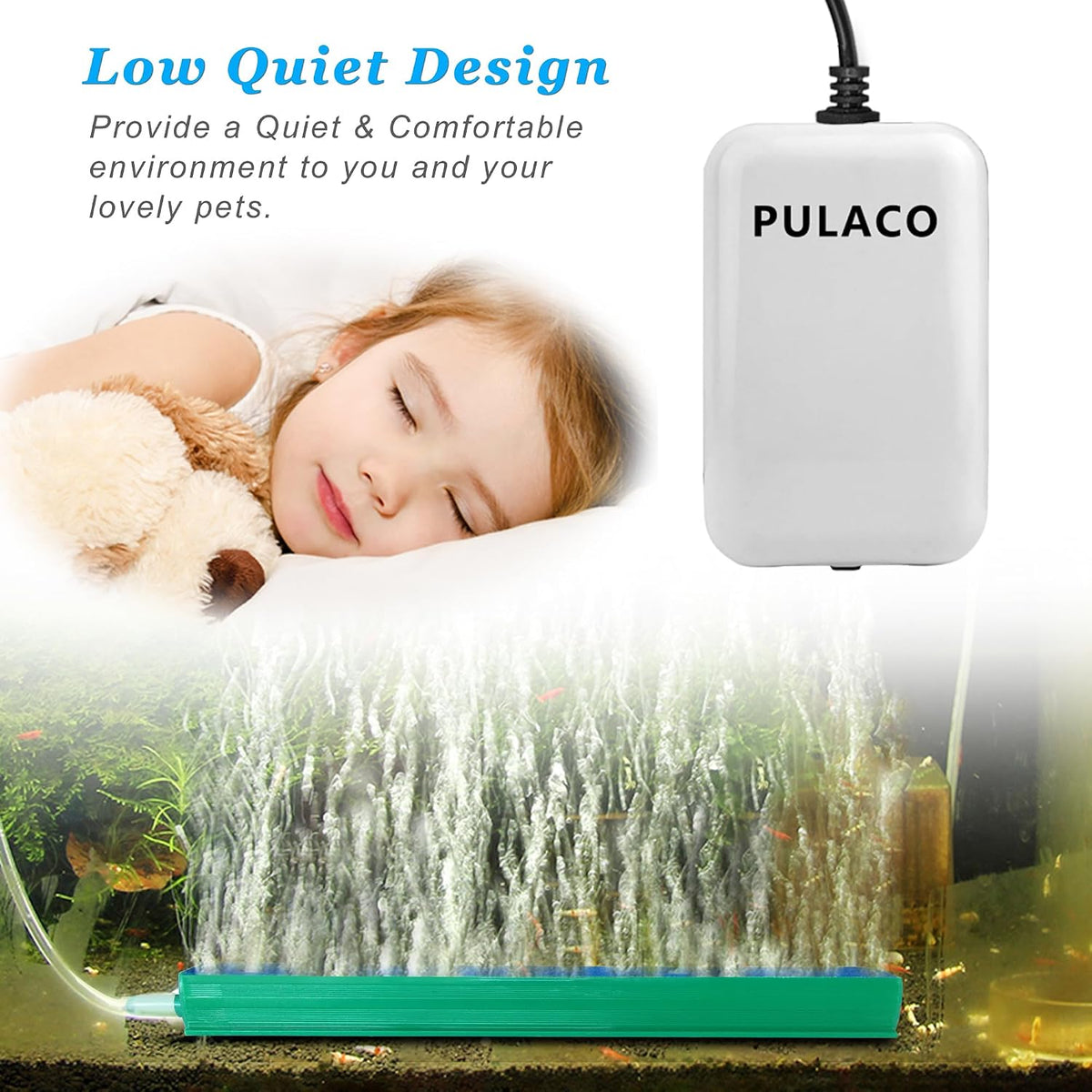 Pulaco ultra quiet mini aquarium air pump front view commercial product photo