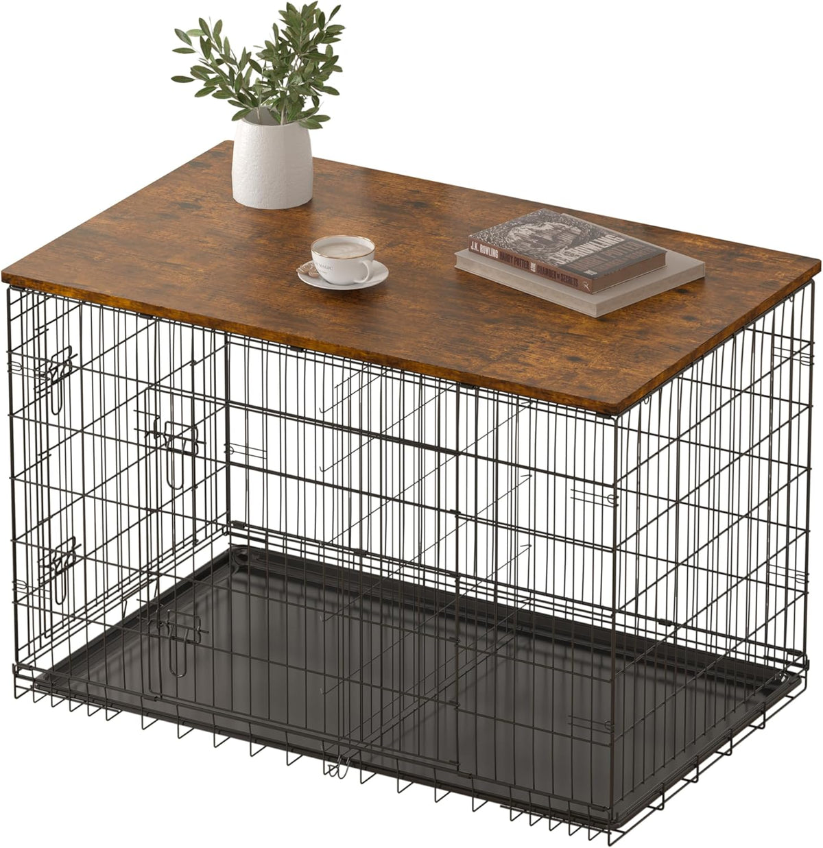 Piskyet Dog Crate Topper Wood Countertop front view on a wire kennel
