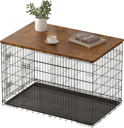 Piskyet Dog Crate Topper Wood Countertop front view on a wire kennel