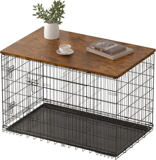 Piskyet Dog Crate Topper Wood Countertop front view on a wire kennel