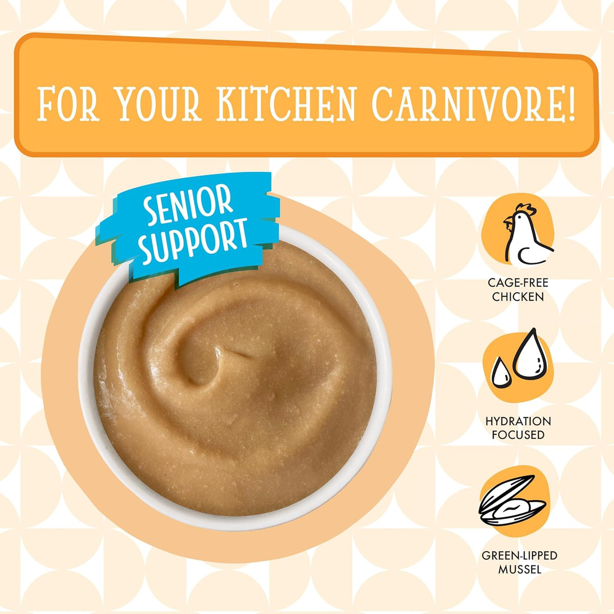Lickable chicken and pumpkin bisque texture for senior cats