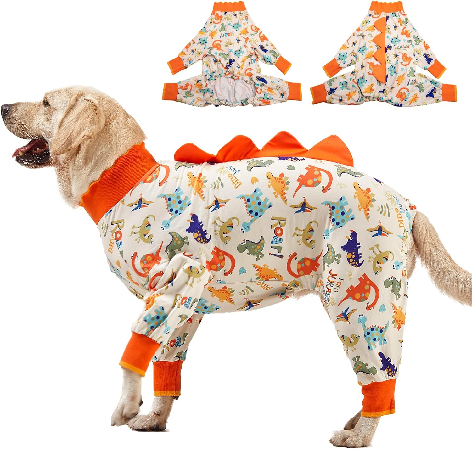 LovinPet large dog pajamas front view showing the blue Jurassic dinosaur print and unique petal collar design on a retriever.