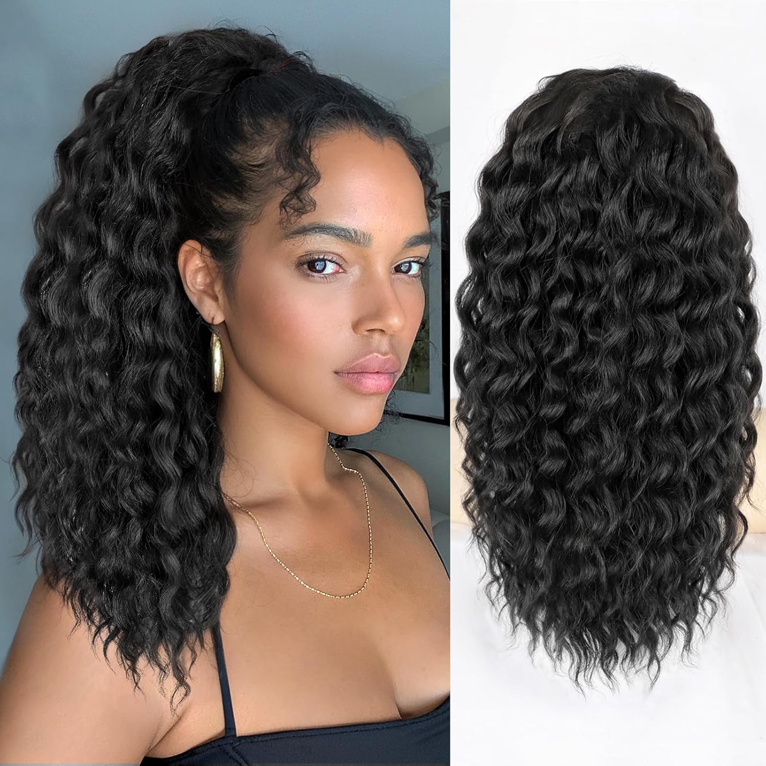 SHNMIN curly drawstring ponytail extension front view showing 18 inch natural black synthetic hair volume.
